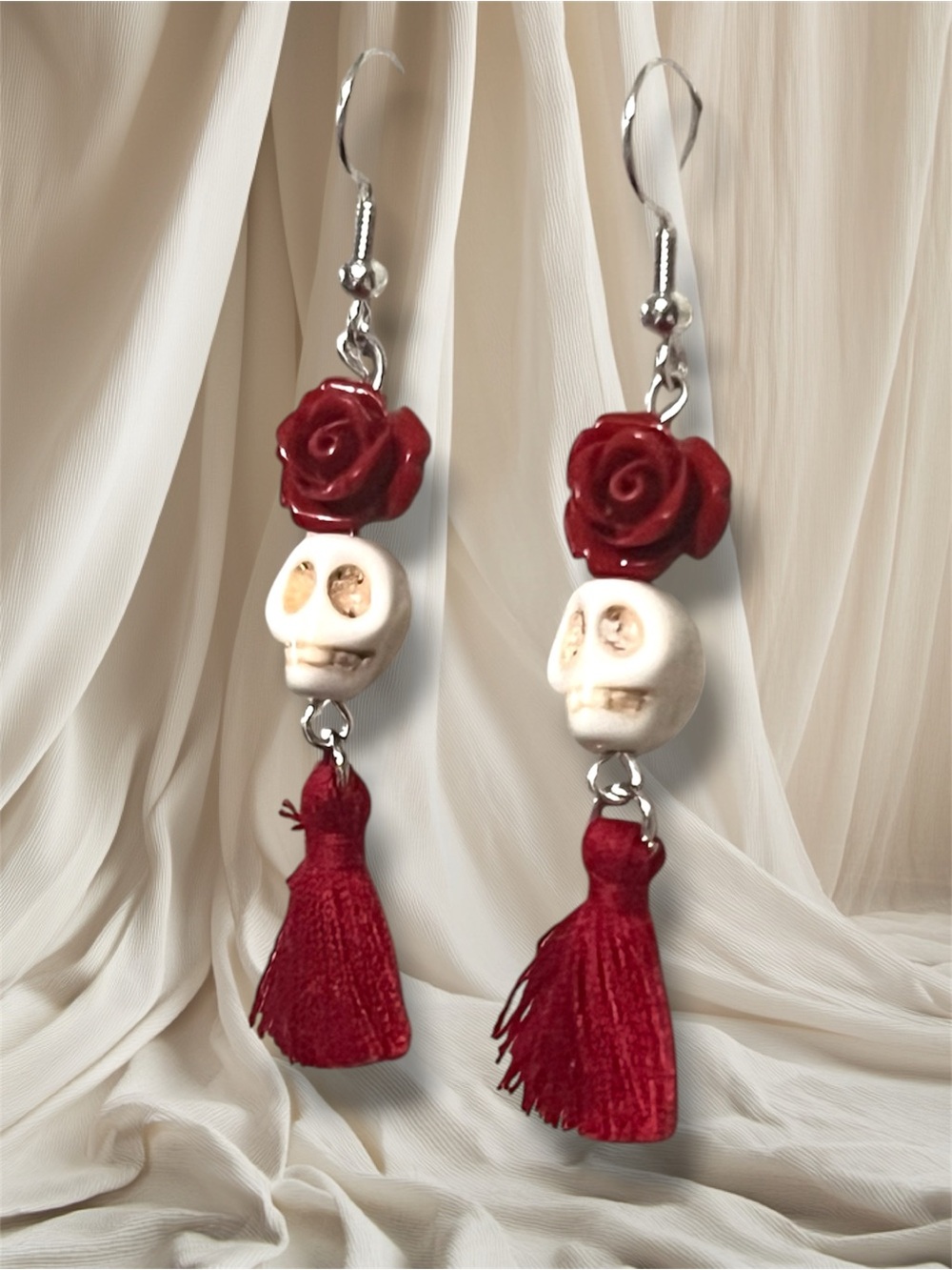 Red Rose & Skull Tassel Earrings - Women Jewelry